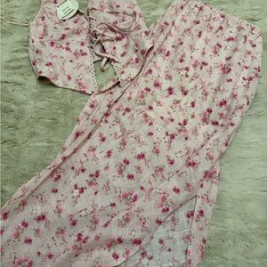 Pink Floral Lace-Up Crop Top & Maxi Skirt Set